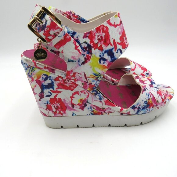 Juicy Couture Shoes Womens Size 8 Wedge Sandals Pink White Ankle Strap Platform‎ - Picture 3 of 9
